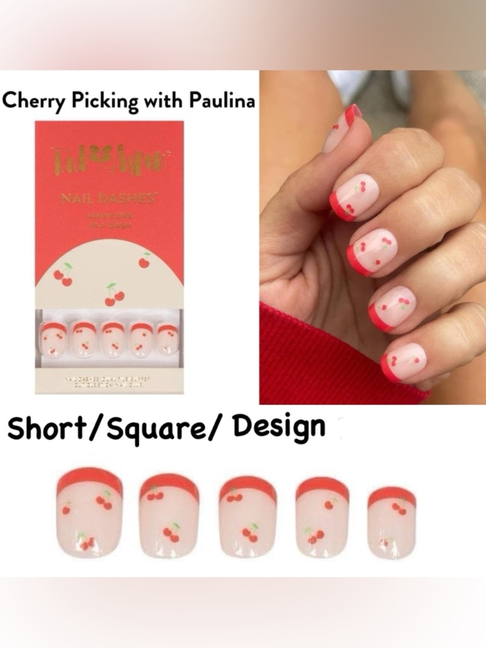 Nail Dashes Cherry Picking with Paulina Short Square Press-On Nails - Pink & Red